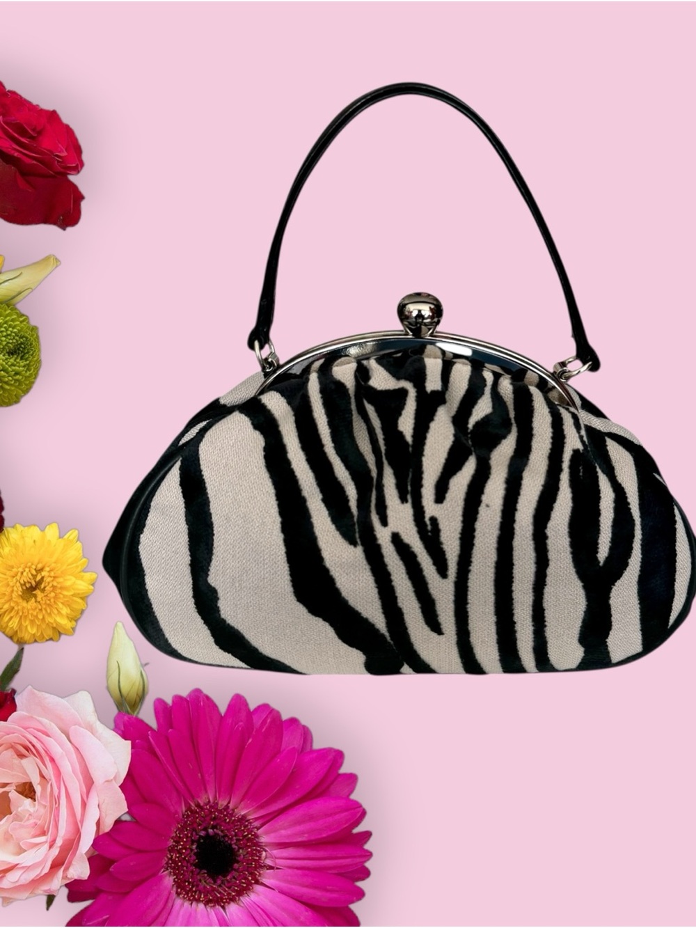 Glenda Gies Baby Chloe Zebra  Print Kiss-Lock Clutch Satchel Hand-Bag Purse